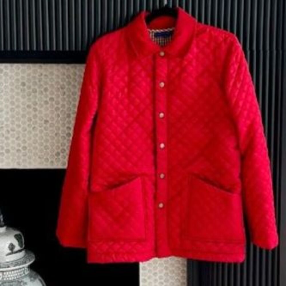 J.McLaughlin Red Diamond Quilted Barn Jacket Plaid Lined Corduroy Collar Size M